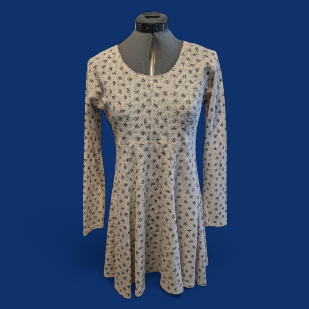 90s Y2K Vintage Cream Floral Print Thermal Pointelle Women's Dress Sz Small‎